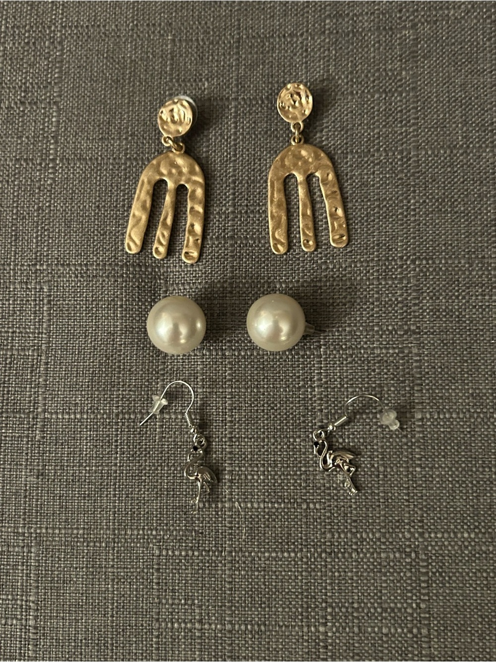 3 fashion earrings Hammered Dangle Earrings, Pearl Studs & silver flamingo